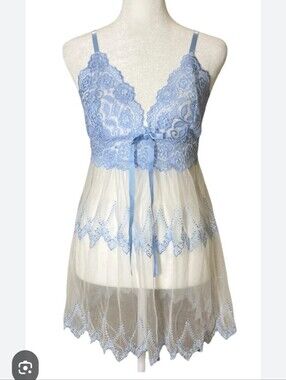 Sheer Lace Babydoll Chemise in Powder Blue and Ivory Size Lg